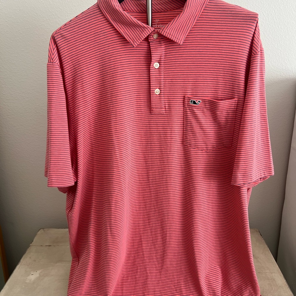 Vineyard Vines Men's Jersey Polo in Pink and Blue Stripes. XL